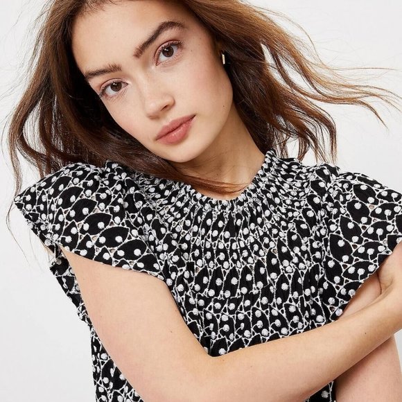 Loft ~ Embroidered Eyelet High Ruffle Neck Smocked Short Sleeve Top in Medium - Picture 13 of 13